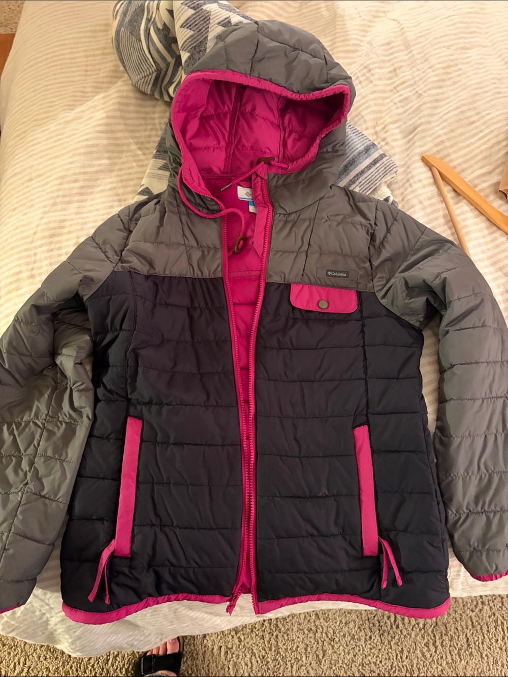 Columbia Kids Hooded Puffer Jacket - Gray, Black & Pink